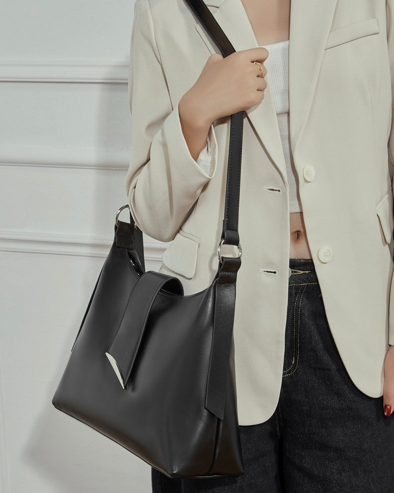 Chic Smooth Leather Hobo Bag with Architectural Hardware