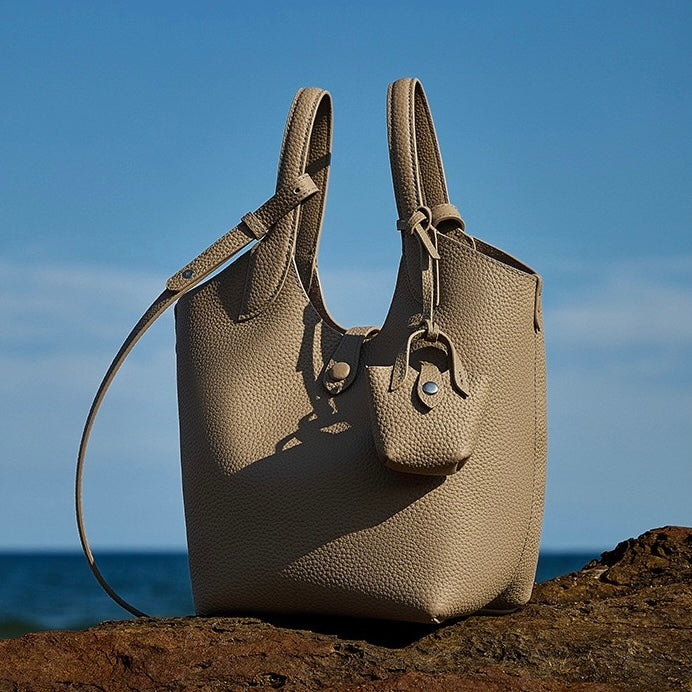 Elegant Pebbled Leather Bucket Bag with Mini Pouch