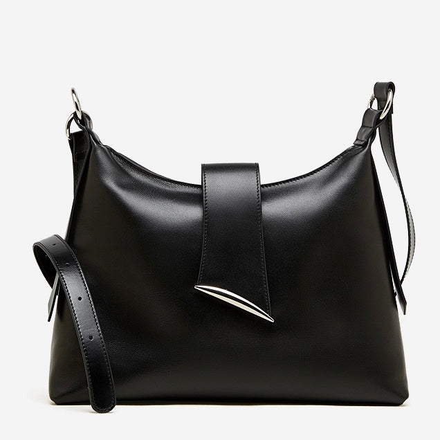 Chic Smooth Leather Hobo Bag with Architectural Hardware
