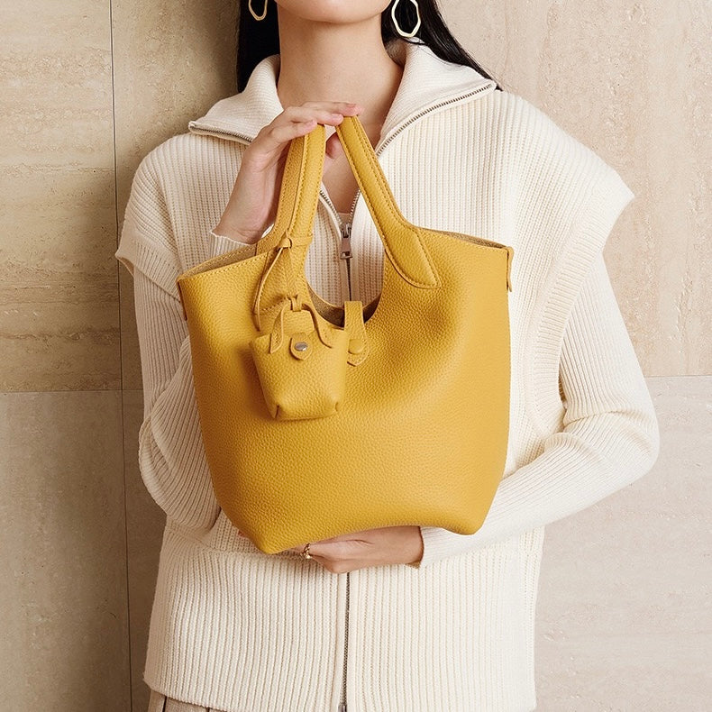 Elegant Pebbled Leather Bucket Bag with Mini Pouch