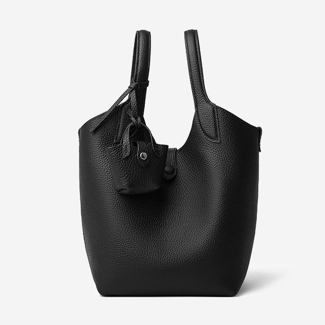 Elegant Pebbled Leather Bucket Bag with Mini Pouch