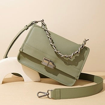 Elegant Genuine Leather Square Bag with Double Straps and Chain