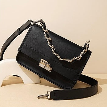 Elegant Genuine Leather Square Bag with Double Straps and Chain