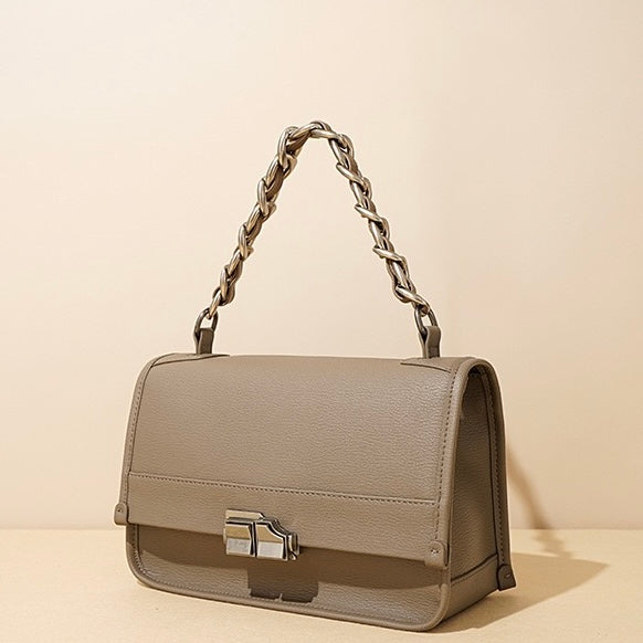Elegant Genuine Leather Square Bag with Double Straps and Chain