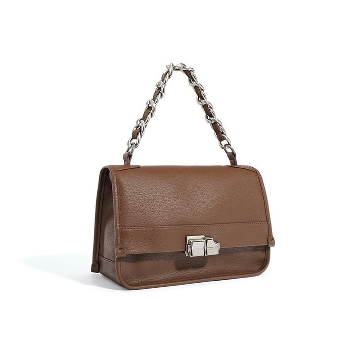 Elegant Genuine Leather Square Bag with Double Straps and Chain