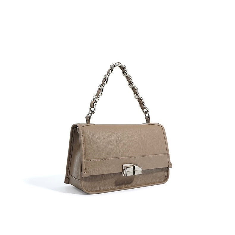 Elegant Genuine Leather Square Bag with Double Straps and Chain
