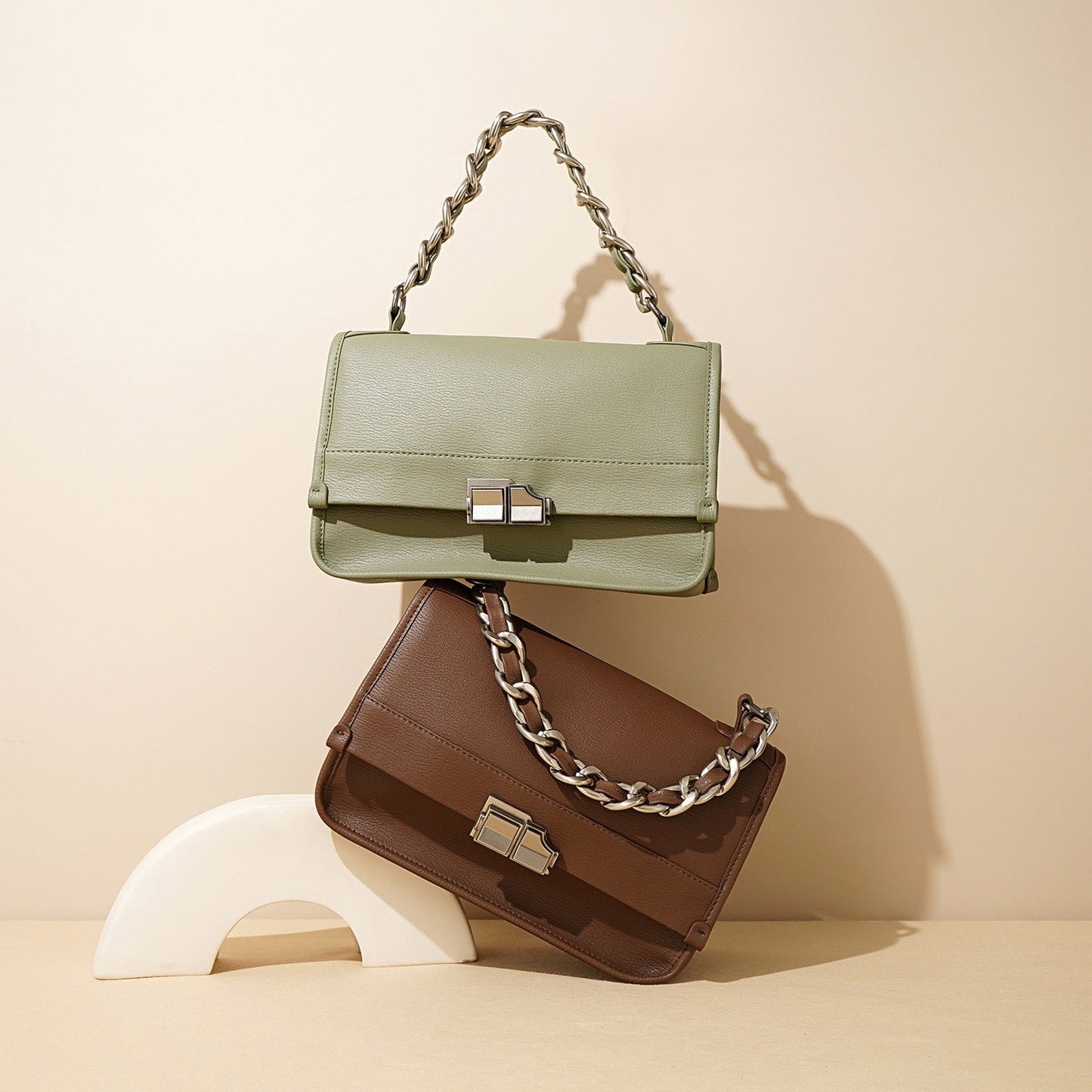Elegant Genuine Leather Square Bag with Double Straps and Chain