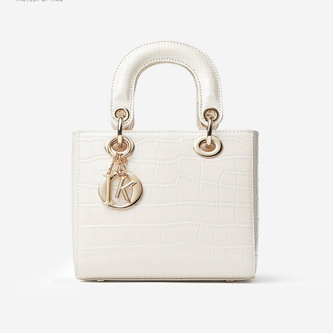 Croc-Embossed Genuine Leather Top-Handle Bag in Creamy White and Black