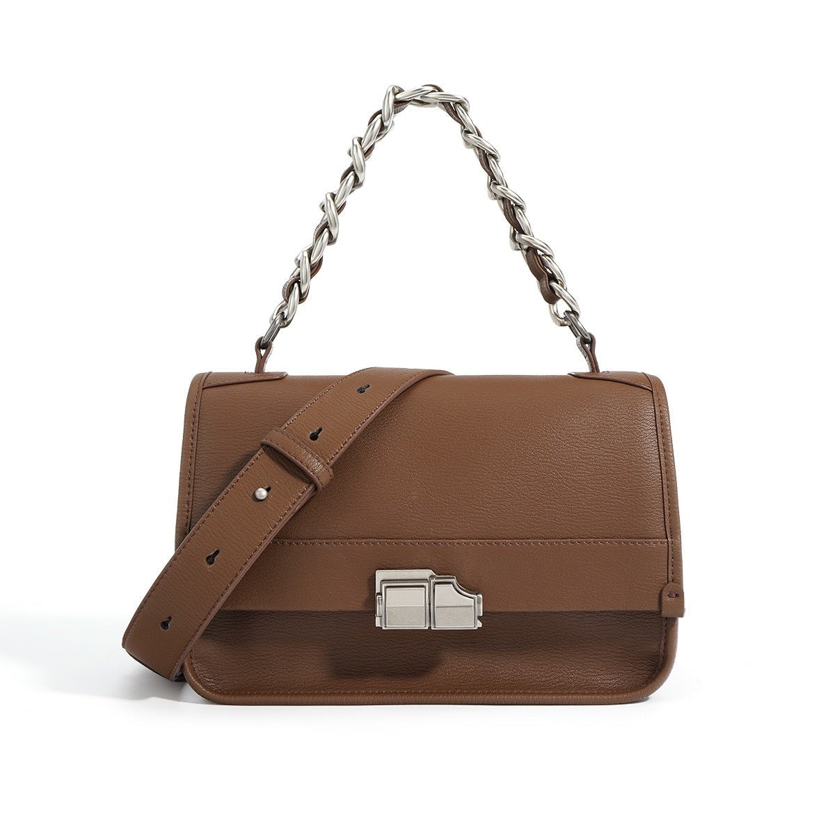 Elegant Genuine Leather Square Bag with Double Straps and Chain