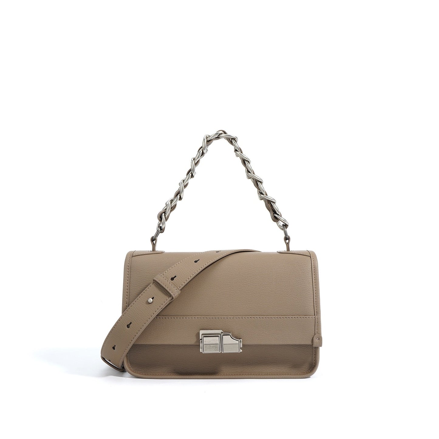 Elegant Genuine Leather Square Bag with Double Straps and Chain