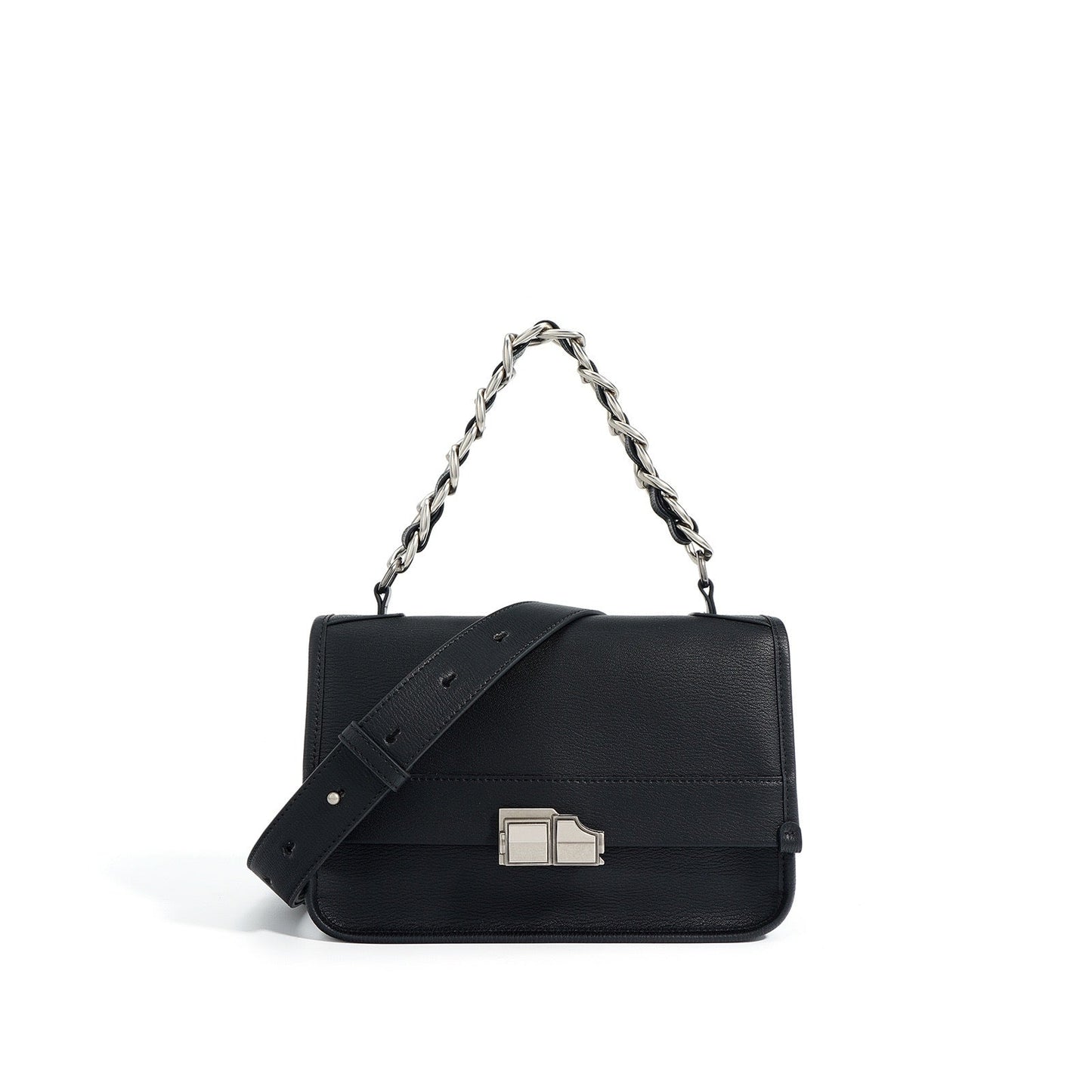 Elegant Genuine Leather Square Bag with Double Straps and Chain
