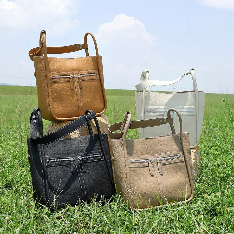 Top Grain Leather Luxury Bucket Bag with Dual-Zip and Removable Liner