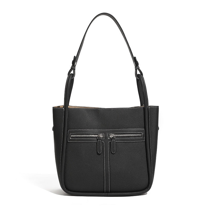 Top Grain Leather Luxury Bucket Bag with Dual-Zip and Removable Liner