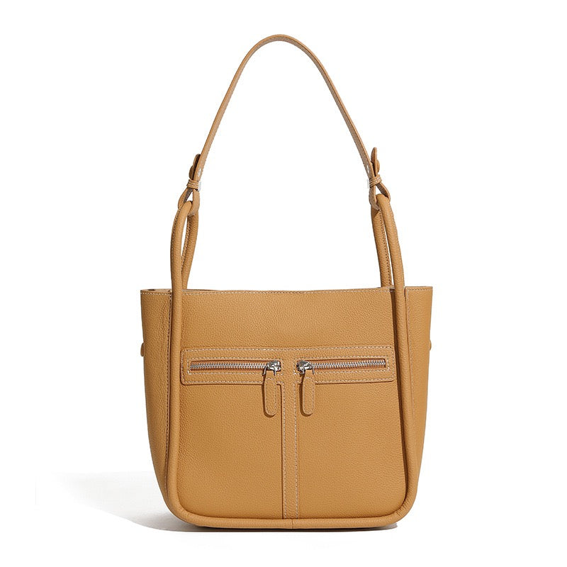 Top Grain Leather Luxury Bucket Bag with Dual-Zip and Removable Liner