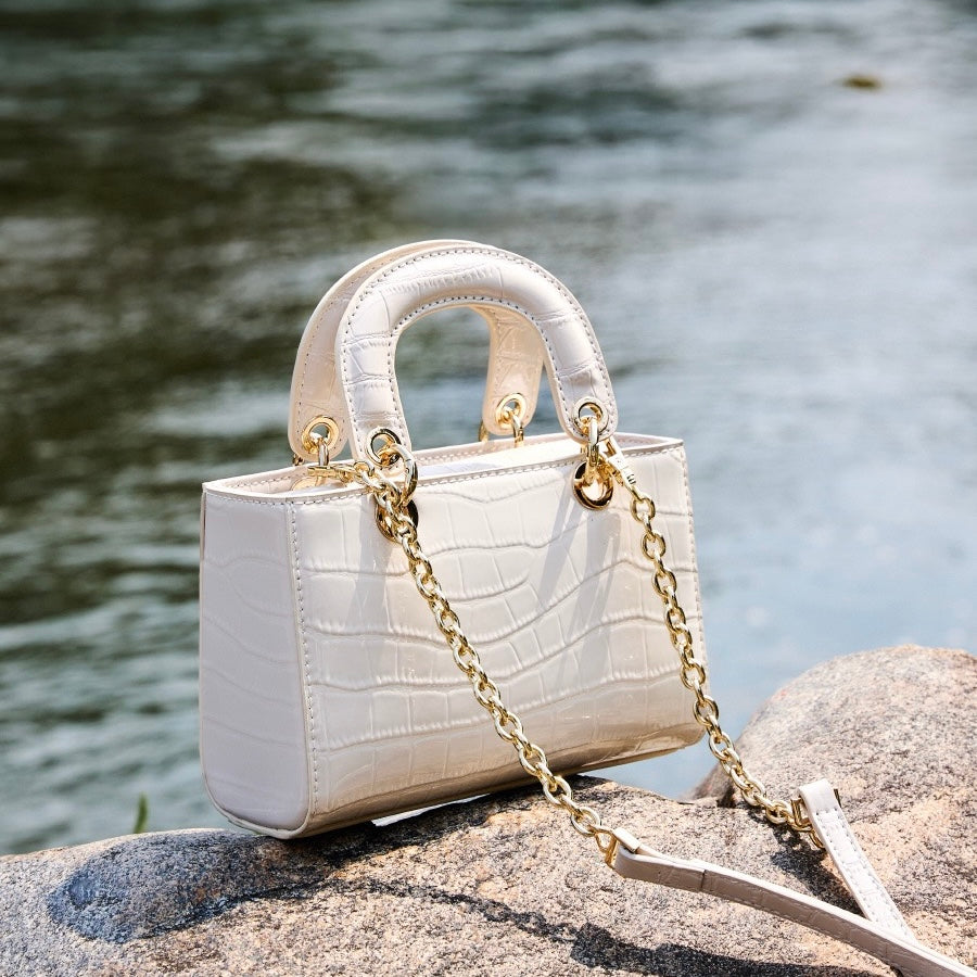 Croc Embossed Genuine Leather Top-Handle Handbag