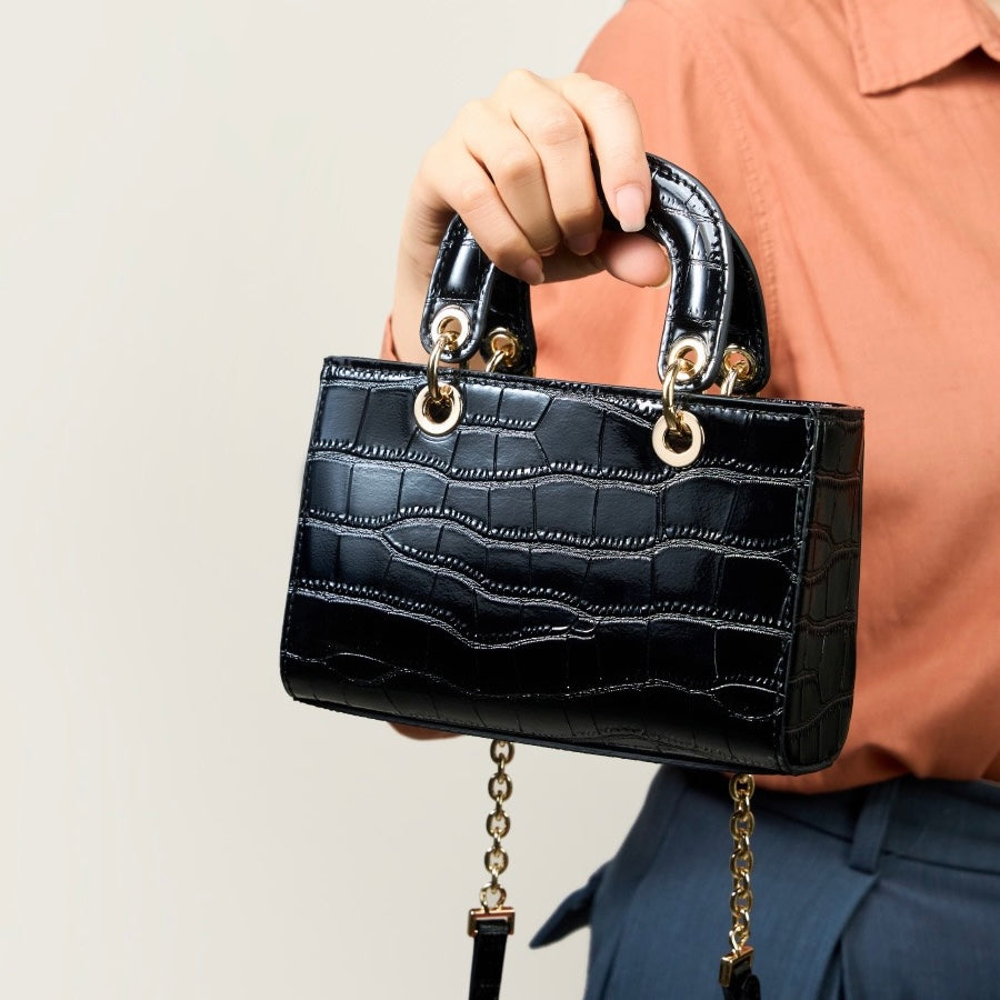 Croc Embossed Genuine Leather Top-Handle Handbag