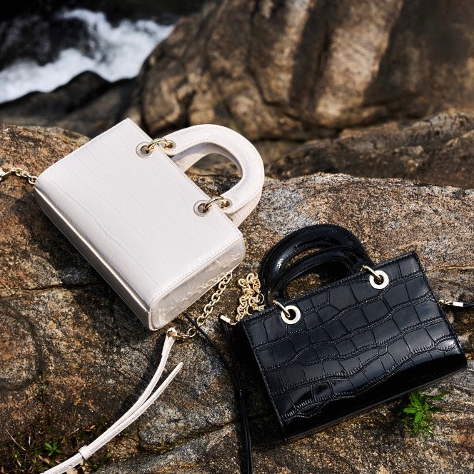 Croc Embossed Genuine Leather Top-Handle Handbag