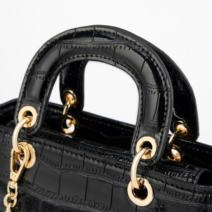 Croc Embossed Genuine Leather Top-Handle Handbag