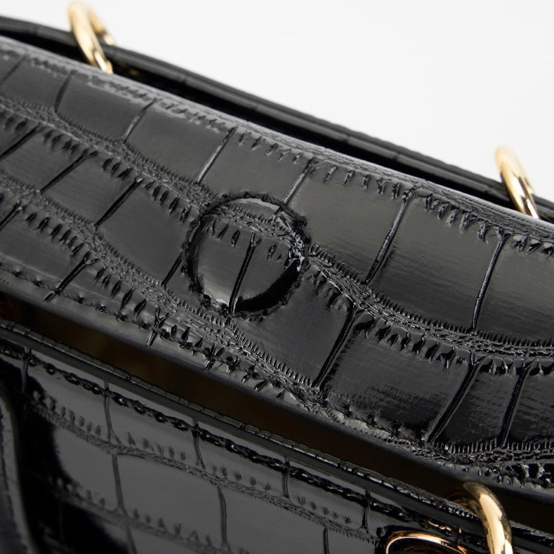 Croc Embossed Genuine Leather Top-Handle Handbag