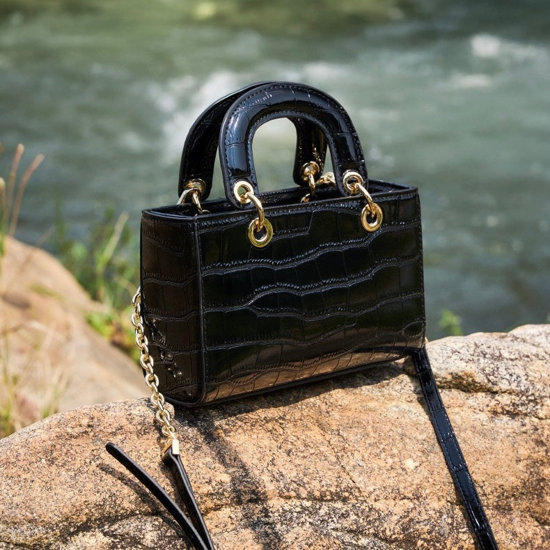 Croc Embossed Genuine Leather Top-Handle Handbag