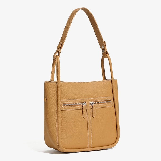Top Grain Leather Luxury Bucket Bag with Dual-Zip and Removable Liner