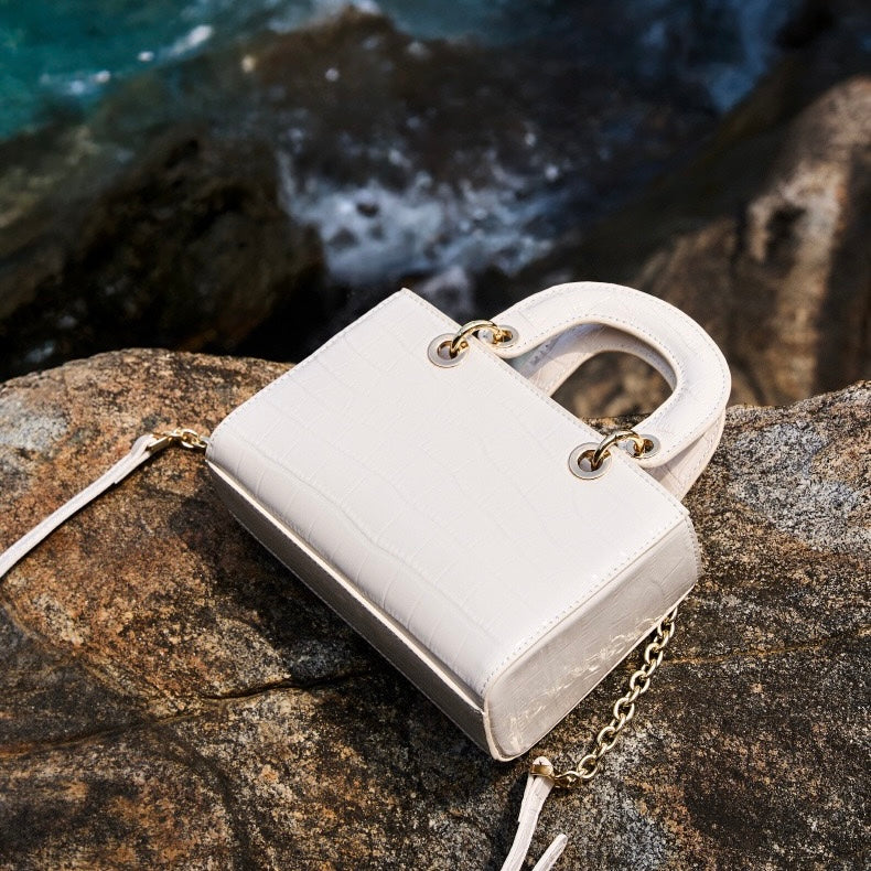 Croc Embossed Genuine Leather Top-Handle Handbag