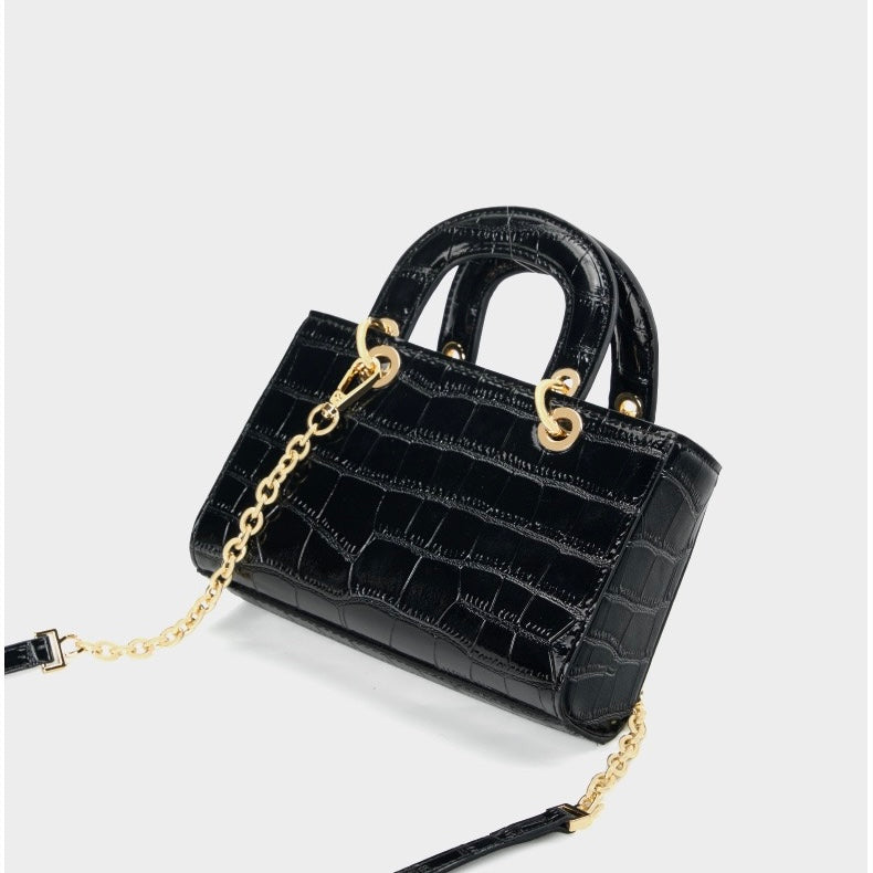Croc Embossed Genuine Leather Top-Handle Handbag