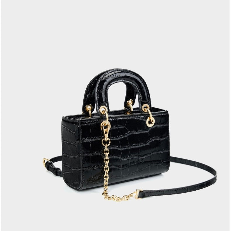 Croc Embossed Genuine Leather Top-Handle Handbag