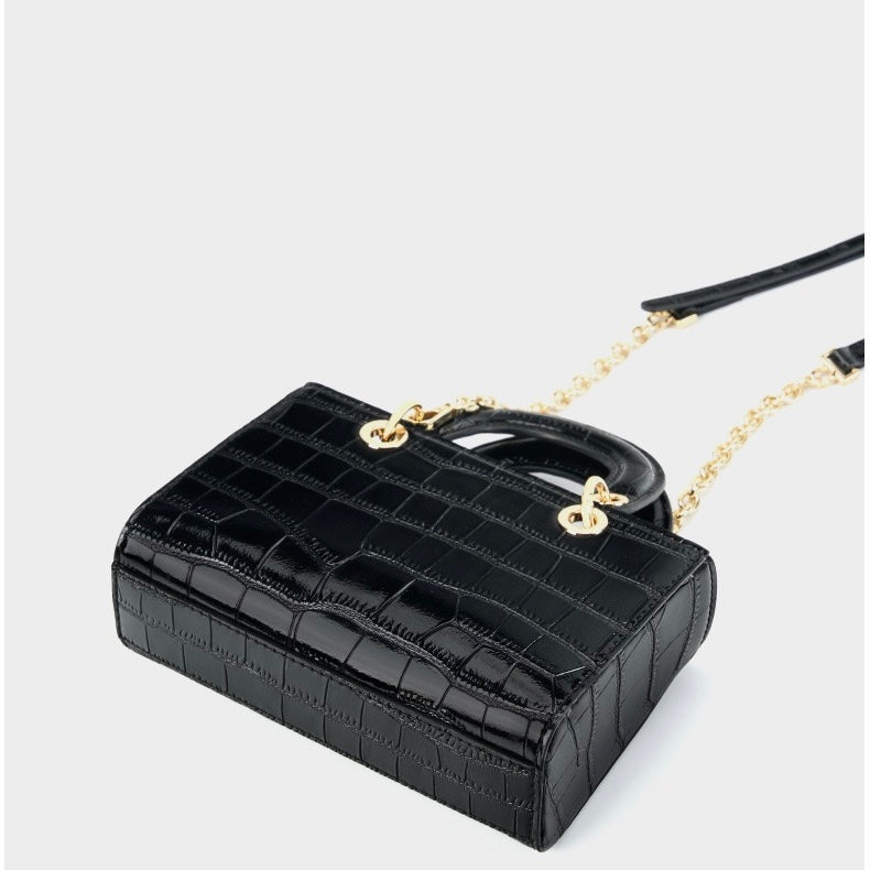 Croc Embossed Genuine Leather Top-Handle Handbag
