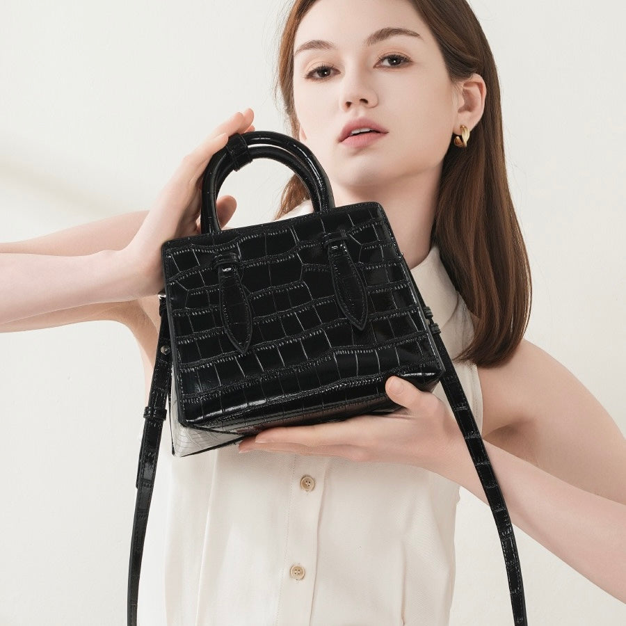 French Alligator-Texture Genuine Leather Top Handle Bag