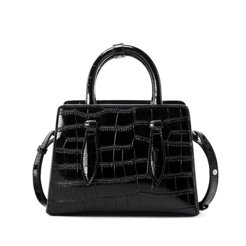French Alligator-Texture Genuine Leather Top Handle Bag