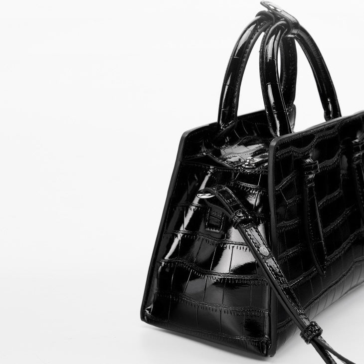 French Alligator-Texture Genuine Leather Top Handle Bag