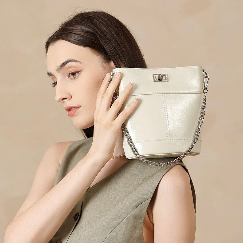 Elegance Redefined: Women's Luxury Waxed Top Grain Leather Bucket Bag