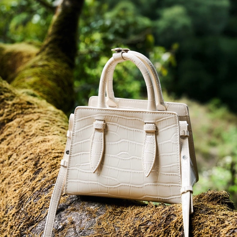 French Alligator-Texture Genuine Leather Top Handle Bag