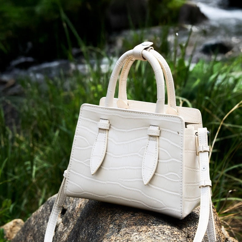 French Alligator-Texture Genuine Leather Top Handle Bag