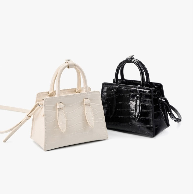 French Alligator-Texture Genuine Leather Top Handle Bag