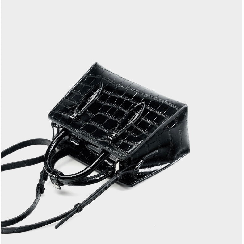 French Alligator-Texture Genuine Leather Top Handle Bag