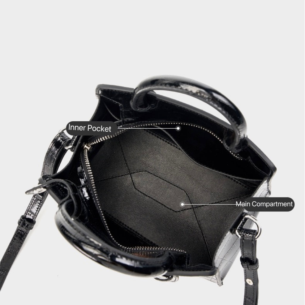 French Alligator-Texture Genuine Leather Top Handle Bag