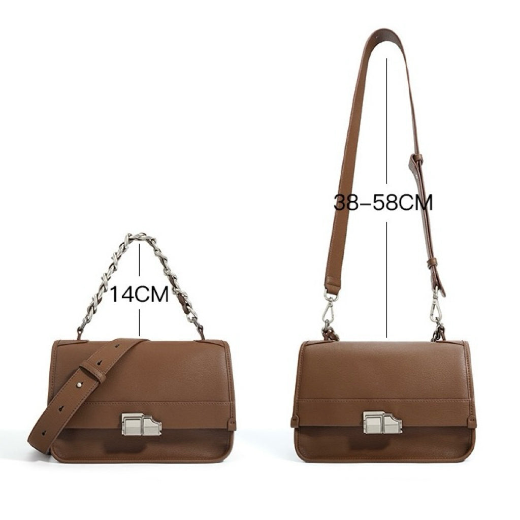 Elegant Genuine Leather Square Bag with Double Straps and Chain