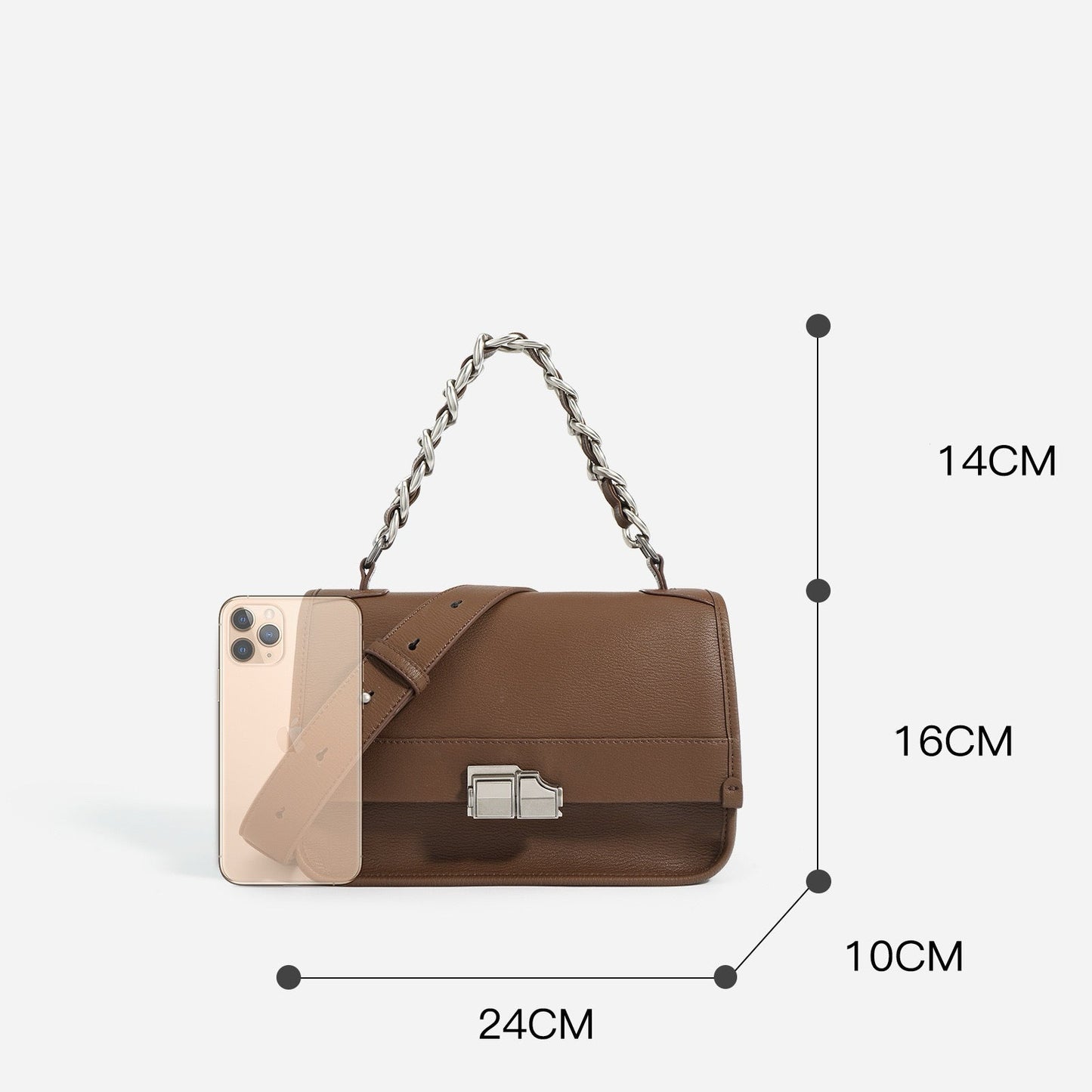 Elegant Genuine Leather Square Bag with Double Straps and Chain