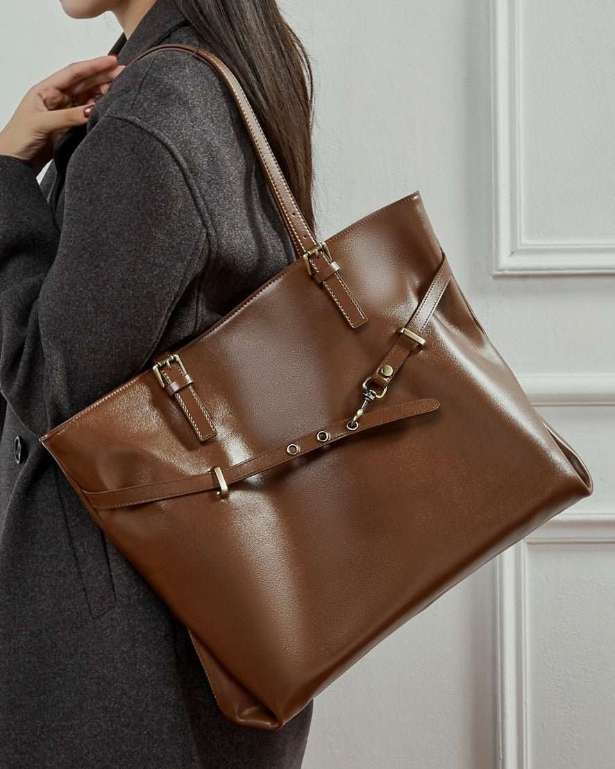 Elegant Genuine Leather Tote with Signature Lock Closure - Large Capacity