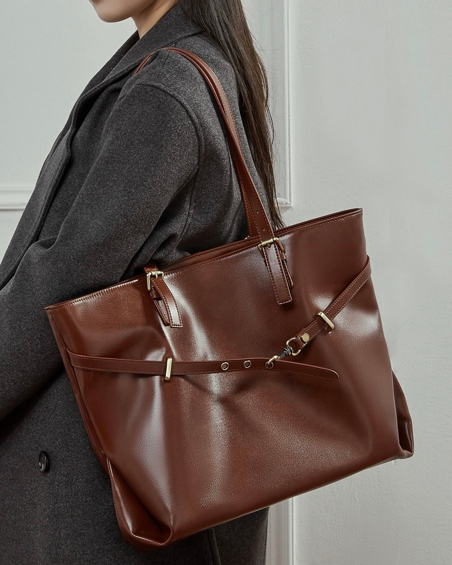 Elegant Genuine Leather Tote with Signature Lock Closure - Large Capacity