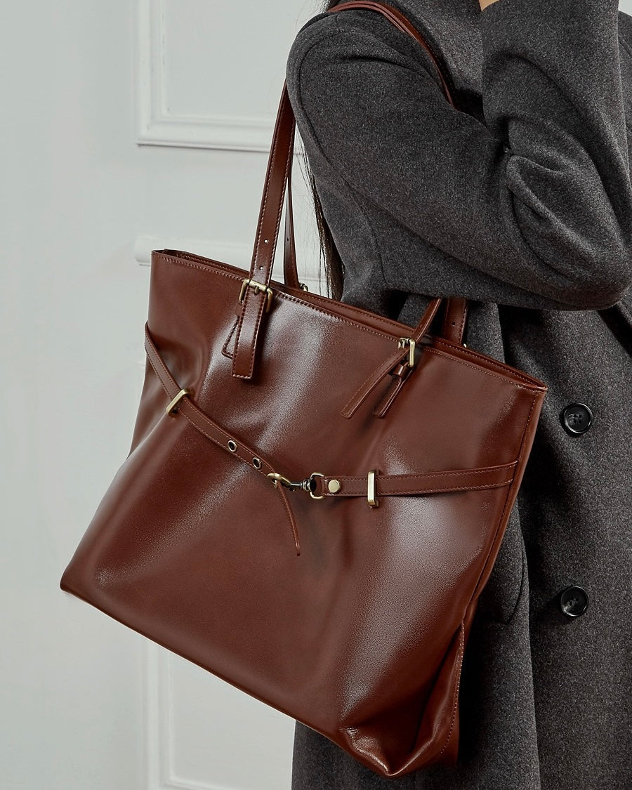 Elegant Genuine Leather Tote with Signature Lock Closure - Large Capacity