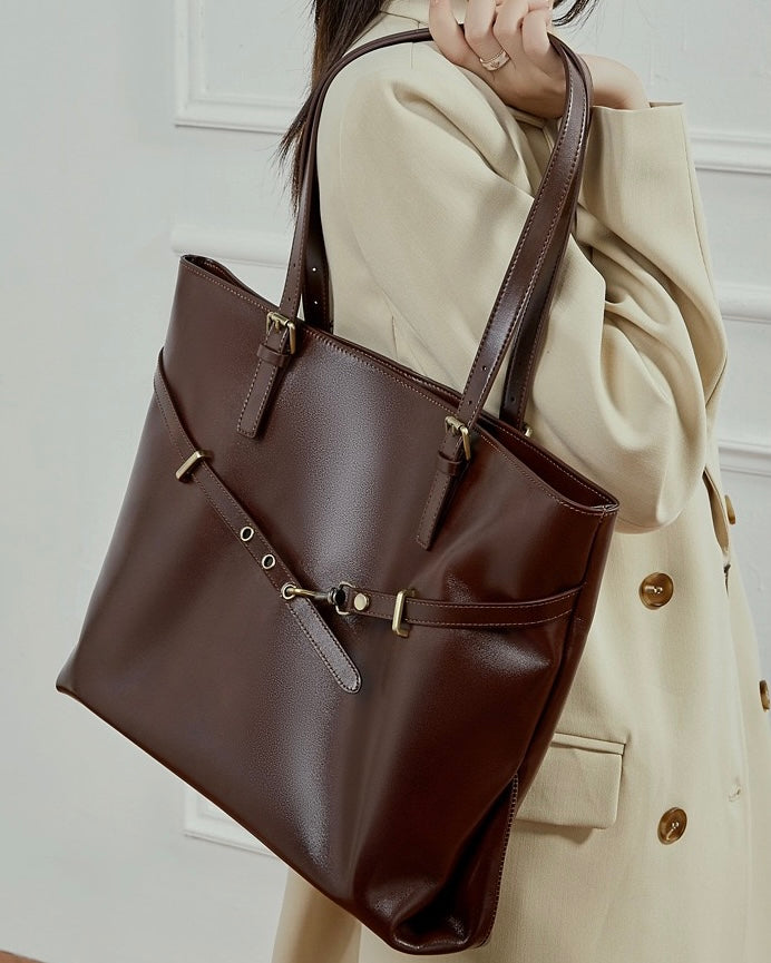 Elegant Genuine Leather Tote with Signature Lock Closure - Large Capacity