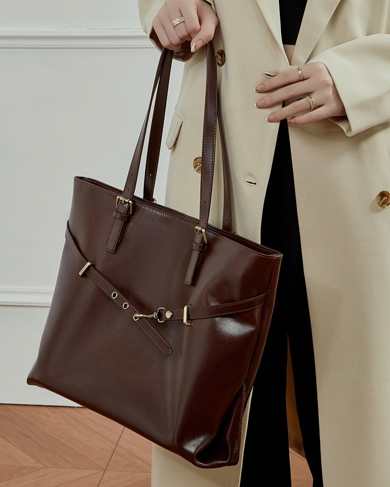 Elegant Genuine Leather Tote with Signature Lock Closure - Large Capacity