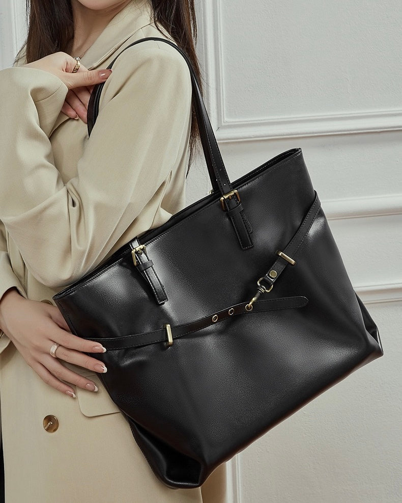 Elegant Genuine Leather Tote with Signature Lock Closure - Large Capacity