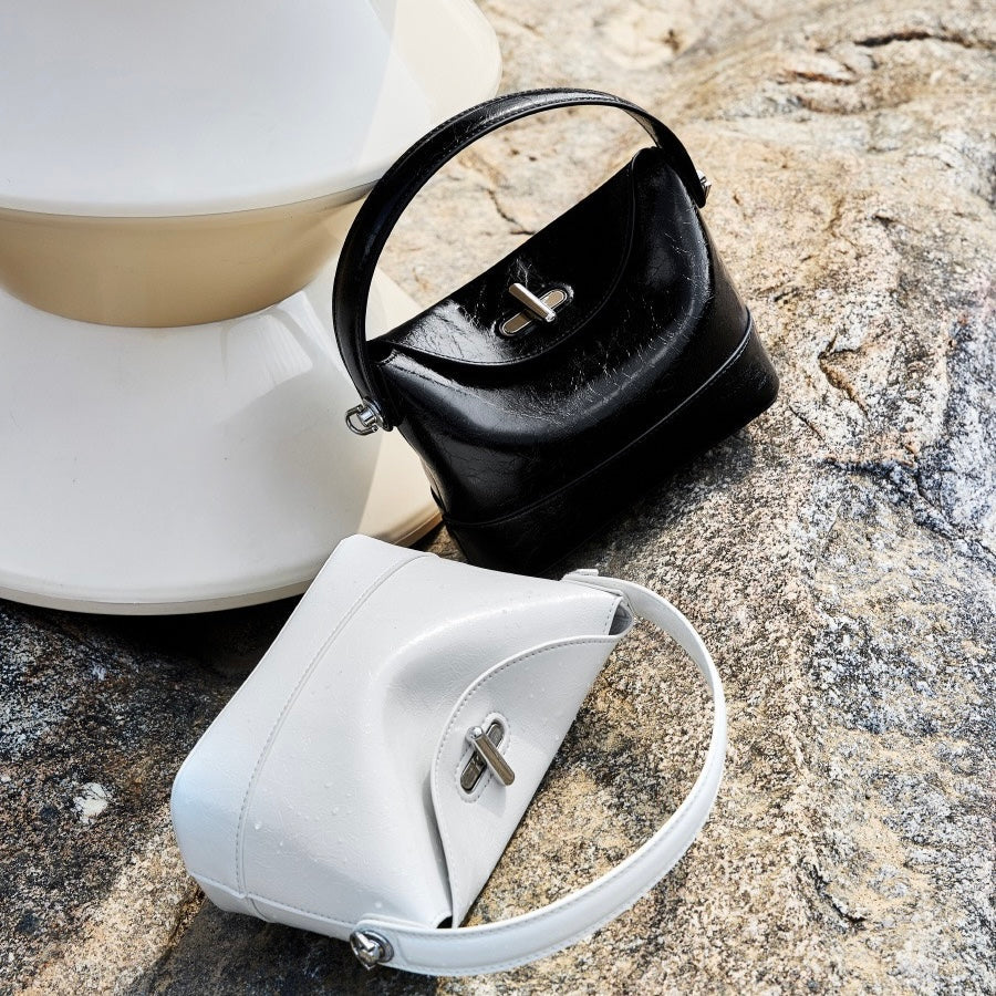Genuine Leather Mini Bucket Bag with Elegant Turn-Lock Closure