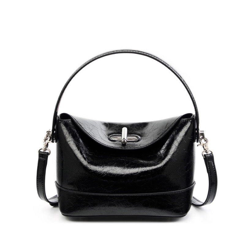 Genuine Leather Mini Bucket Bag with Elegant Turn-Lock Closure