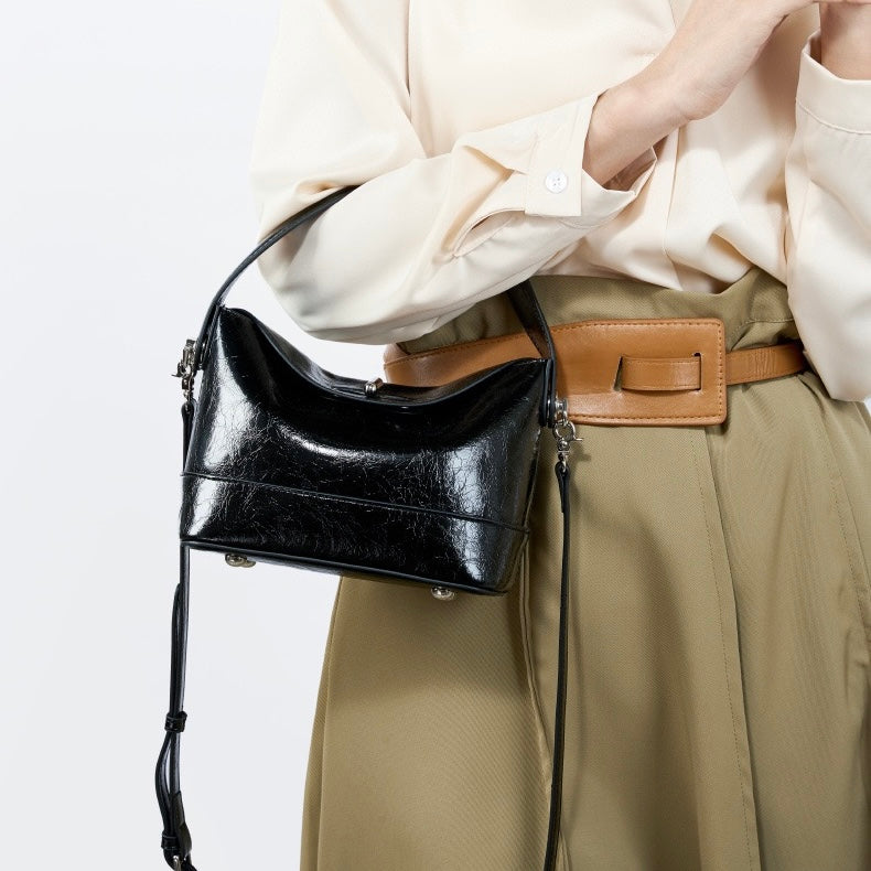 Genuine Leather Mini Bucket Bag with Elegant Turn-Lock Closure
