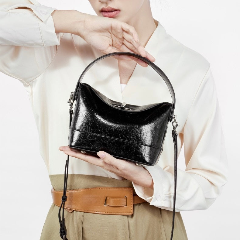 Genuine Leather Mini Bucket Bag with Elegant Turn-Lock Closure
